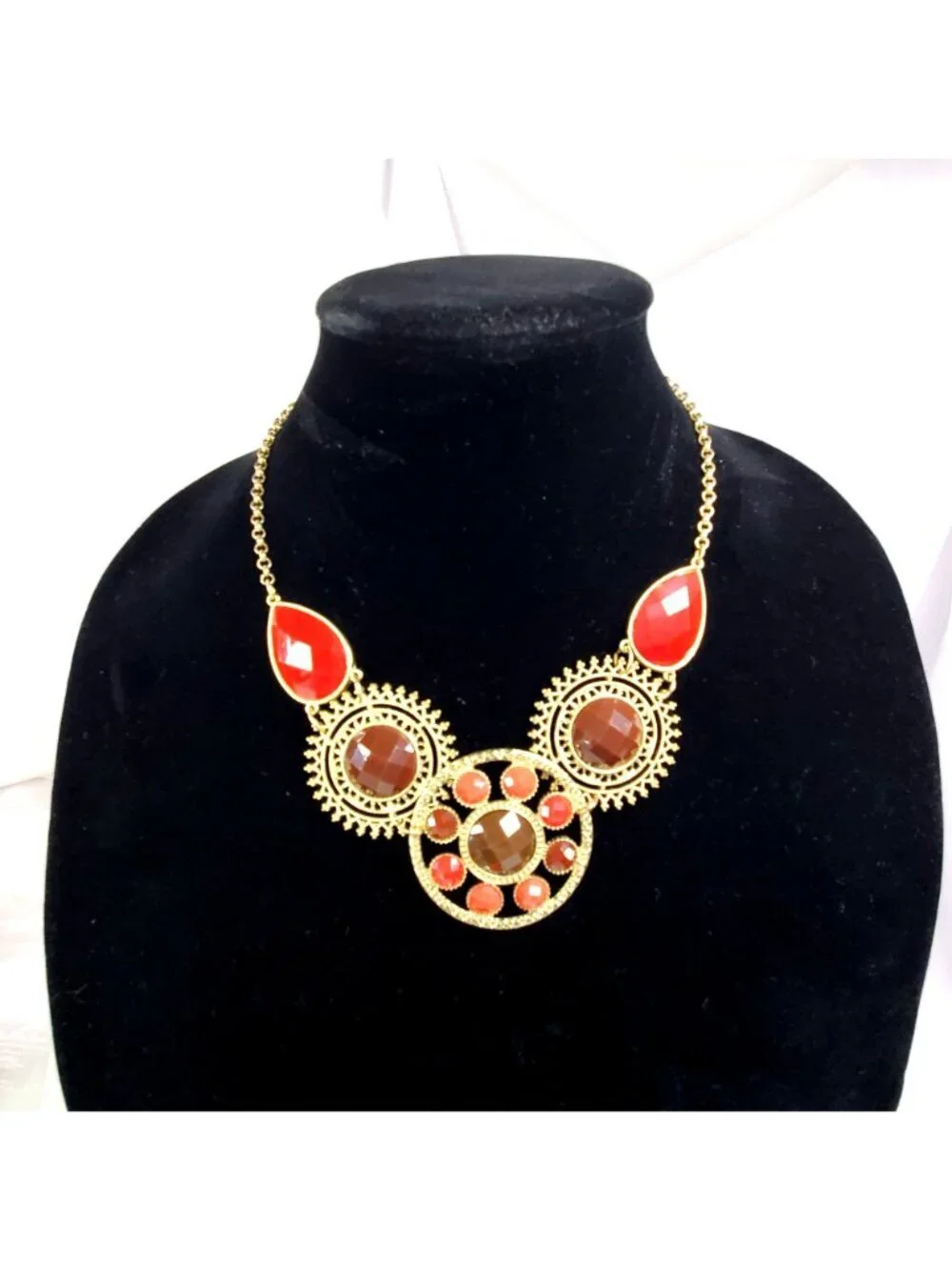 Gold-Tone Statement Bib Necklace With Red & Brown Plastic Faceted Accents